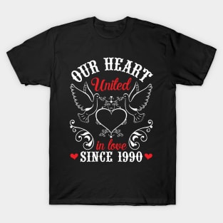 Our Heart United In Love Since 1990 Happy Wedding Married Anniversary 30 Years Husband Wife T-Shirt